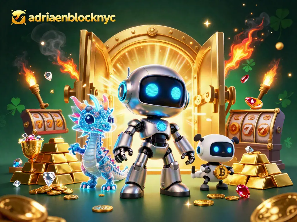 Experience excitement at adriaenblocknyc as a cyberpunk mascot spins slots amidst gold and gems.