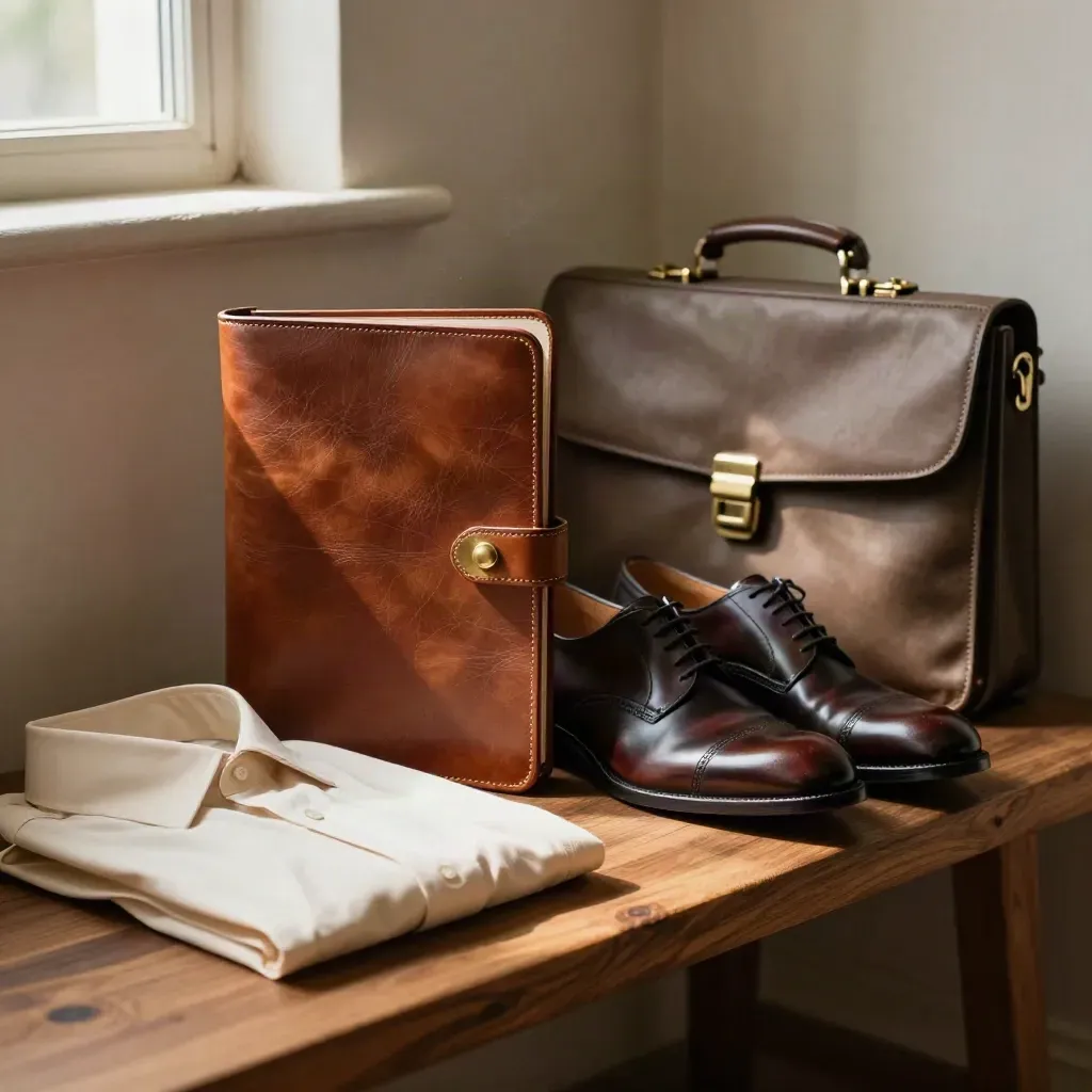 Set da orientamento carriera con portfolio in cuoio, camicia piegata, scarpe lucidate e valigetta.