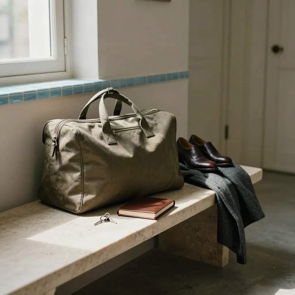 Borsa semiaperta, scarpe, chiavi, diario e cappotto su panca chiara in luce cinematica