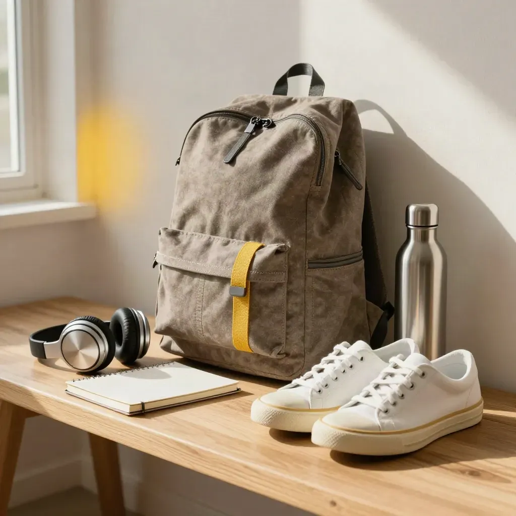 Zaino, cuffie, quaderno, sneakers e borraccia su una panca illuminata dal mattino.