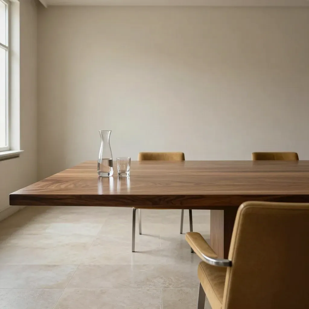Sala conferenze vuota con tavolo lucido, sedia avanzata, caraffa d’acqua e bicchieri allineati
