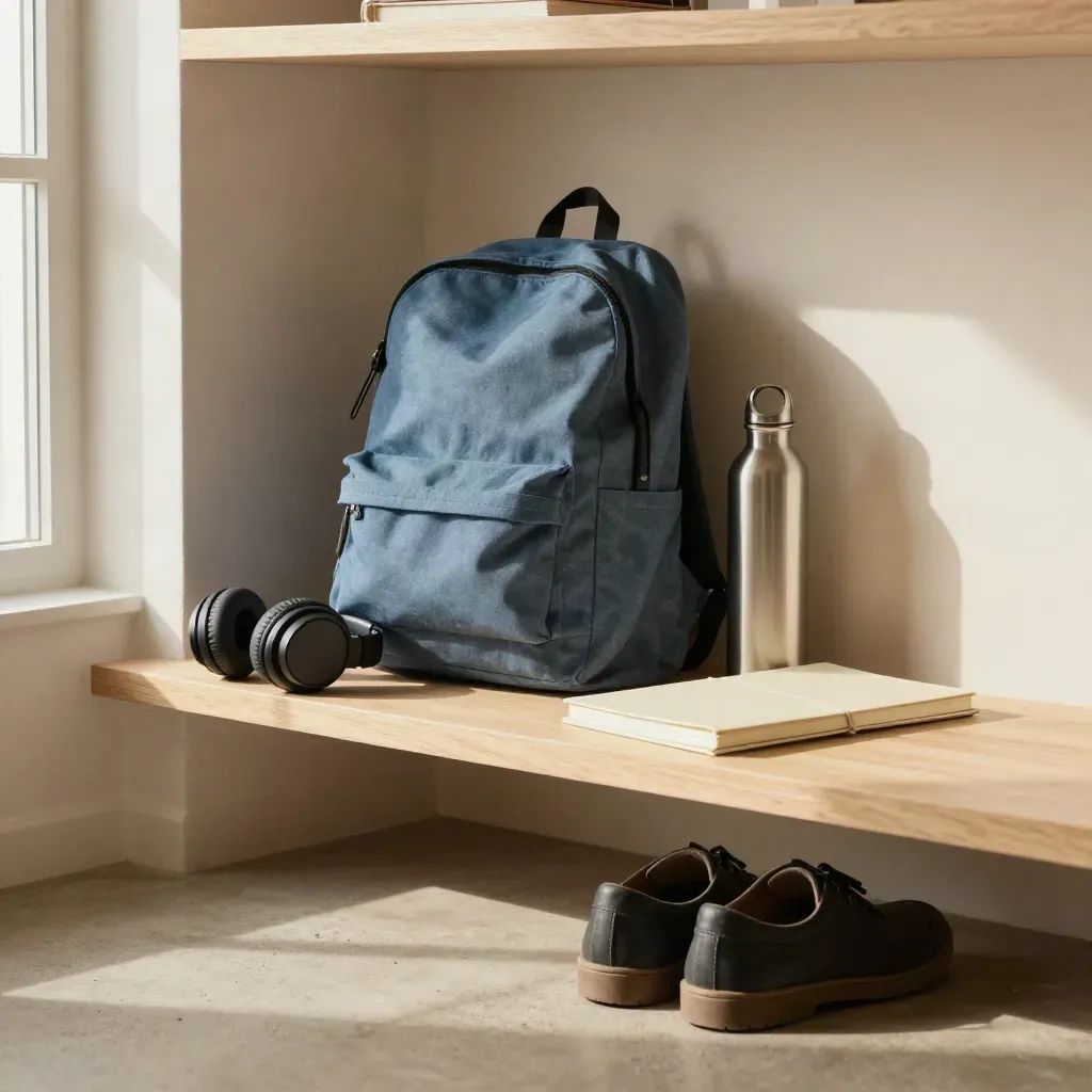 Angolo studio ordinato con zaino, cuffie, quaderno, borraccia e scarpe allineate sotto una mensola.