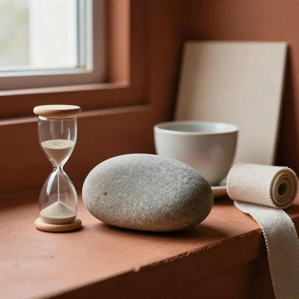 Pietra liscia, clessidra, tazza bassa e nastro di lino su ripiano in terracotta.