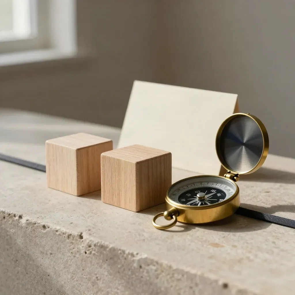 Blocchetti di legno, bussola chiusa ed elastico su pietra, composizione minimalista