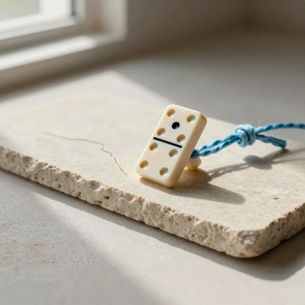 Domino caduto su pietra con cordino di lino annodato e lieve riflesso azzurro.