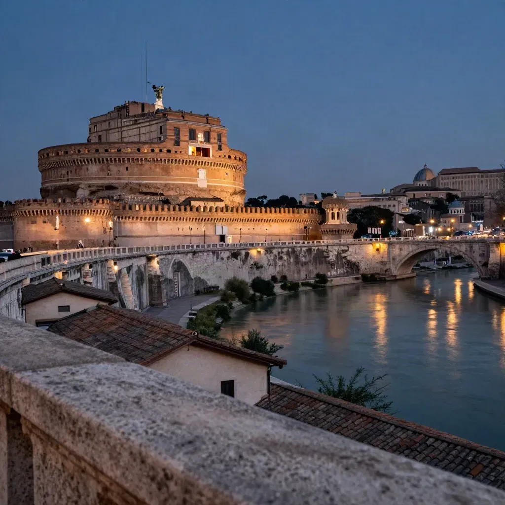 Roma al crepuscolo da una terrazza alta, con Castel Sant’Angelo e il Tevere nella foschia