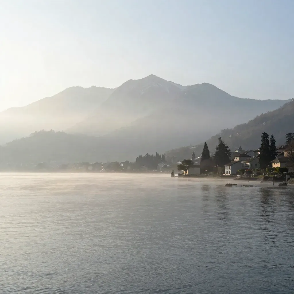 Lago di Como dall’alto all’alba, con nebbia bassa e cime alpine sullo sfondo