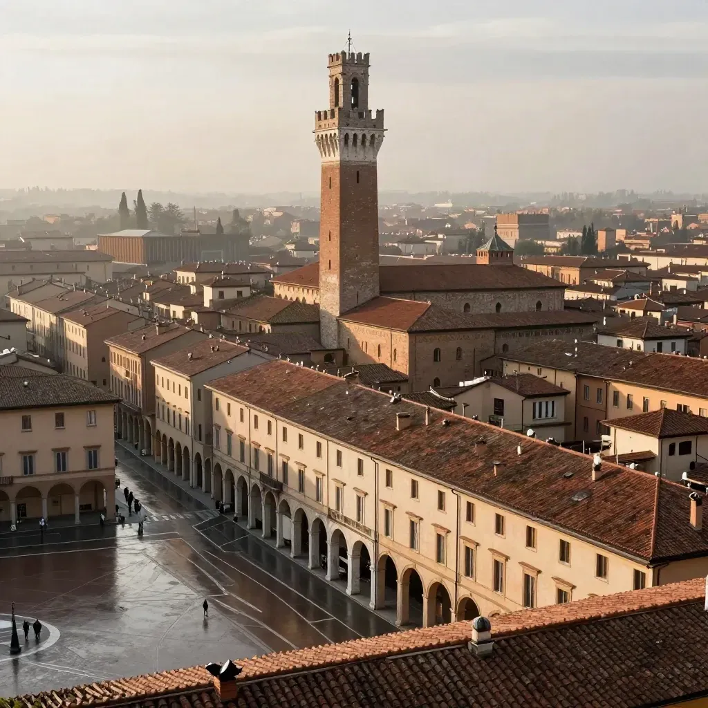 Modena al tramonto con la Ghirlandina alta su tetti bagnati e piazza quieta