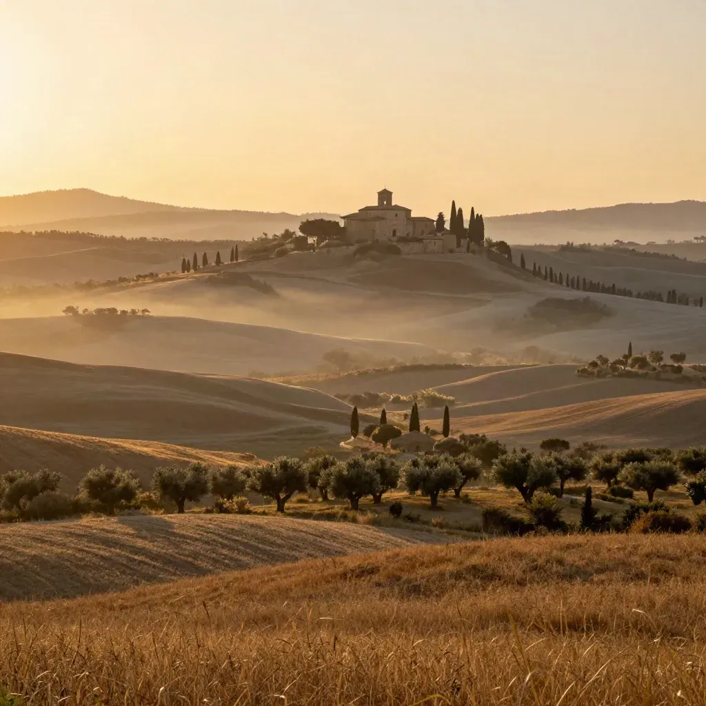 Colline della Val d’Orcia all’alba, cipressi e abbazia lontana nella foschia dorata.