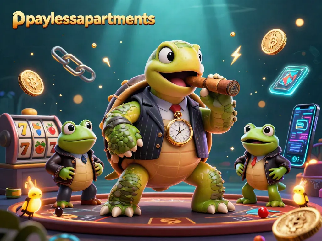 Engage with paylessapartments at a vibrant casino scene featuring a turtle mobster and frog enforcers.